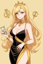1girls ai_generated anime big_breasts clothed deadly_sins dollar_bill gold_jewelry golden_hair greed_(deadly_sin) personification yellow_eyes