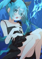 black_bow black_clothing black_dress blue_eyes blue_hair blush bow deep_sea deep_sea_girl dress hatsune_miku hi_res jellyfish long_hair looking_at_viewer mikumikudance ocean open_mouth petite sea simple_background thighs underwater uruti_2388