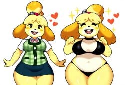 absurd_res ai_generated animal_crossing anthro big_breasts bikini black_clothing blonde_hair blush blush_stickers bottomwear breasts canid canine canis closed_eyes clothed clothing domestic_dog female fur hair happy heart hellsonger hi_res isabelle_(animal_crossing) mammal navel nintendo open_mouth open_smile shih_tzu simple_background skirt slightly_chubby smile solo swimwear teeth thick_thighs toy_dog underwear white_background wide_hips yellow_body yellow_fur