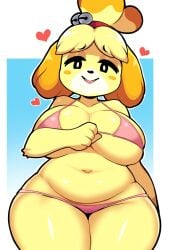 ai_generated animal_crossing anthro big_breasts bikini breasts canid canine canis clothed clothing curvy_figure deep_navel domestic_dog female fur hair heart hellsonger hi_res huge_breasts isabelle_(animal_crossing) looking_at_viewer mammal navel nintendo open_mouth shih_tzu simple_background slightly_chubby smile solo swimwear thick_thighs toy_dog under_boob voluptuous wide_hips yellow_body yellow_fur