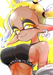 big_forehead dark-skinned_female dark_skin frye_(splatoon) frye_(suffer_no_fools) frye_onaga inkling mtk_hoshi sideboob smile splatoon splatoon_(series) splatoon_3 tentacle_hair yellow_eyes