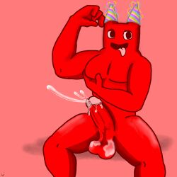 banban_(garten_of_banban) big_balls big_penis big_thighs cumshot dick garten_of_banban muscles non-human party_hat penis red_body sperm tongue_out toony