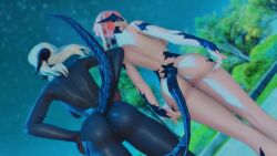 2girls anus ass ass_focus au_ra backboob cirina_mol dark-skinned_female dark_skin final_fantasy final_fantasy_xiv gpose(ffxiv) light-skinned_female light_skin nude nude_female pink_hair pussy pussy_peek sadu_dotharl scales thighs white_hair