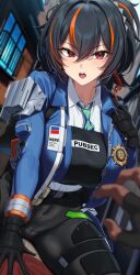 1boy 1girls black_hair breasts clothed female kook large_breasts long_hair male male_pov police_uniform policewoman pov straddling thick_thighs wide_hips zenless_zone_zero zhu_yuan