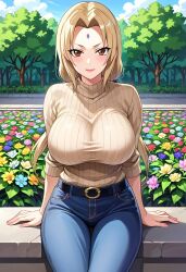 ai_generated belt big_breasts blonde_hair brown_eyes civitai flowers forehead_mark jeans knitted_sweater large_breasts looking_at_viewer mommy naruto naruto_(series) naruto_shippuden ponytail sitting sweater tsunade