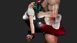 1boy1girl 1girls 3d ass chin_grab female from_behind hair_grab hair_pull heterosexual hyper_muscles kiriko_(overwatch) leglock male neck_grab overwatch overwatch_2 sex standing twitching