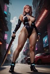 ai_generated cyberpunk_background dead_or_alive from_below full_body gantz_suit honoka_(doa) huge_breasts nipple_slip outdoors public rekcah_mhf samurai_sword street