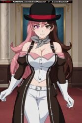 ai_generated aindroidparanoid big_breasts boots breasts brown_eyes brown_hair cleavage hat hips huge_breasts large_breasts long_hair narrowed_eyes neo_(rwby) nipples petite pink_eyes pink_hair rwby stable_diffusion wavy_hair