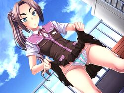 clothing dutch_angle eroge eyebrows game_cg maruyama_sanae panties school_uniform shin_yarasete!_teacher skirt skirt_lift tagme tryset