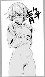 black_choker black_eyes choker closed_mouth commentary_request cyjalway earrings female greyscale jacket jewelry light_blush looking_at_viewer monochrome navel no_panties original pussy short_hair standing translation_request white_background