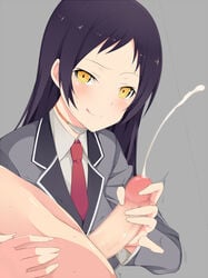 1boy 1girls :p black_hair censored clothed_female_nude_male clothing cum eguegu ejaculation female handjob kajou_ayame light-skinned_female light-skinned_male light_skin long_hair looking_at_viewer penis shimoneta_to_iu_gainen_ga_sonzai_shinai_taikutsu_na_sekai simple_background smile tongue tongue_out yellow_eyes