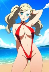 1girls ai_generated alternate_costume ann_takamaki atlus beach blonde blonde_female blonde_hair blue_eyes blue_eyes_female breasts female female_focus female_only light-skinned_female light_skin long_hair long_hair_female looking_at_viewer megami_tensei nai_diffusion persona persona_5 pinup ryu_ai sega sling_bikini solo solo_female solo_focus stable_diffusion swimsuit twintails