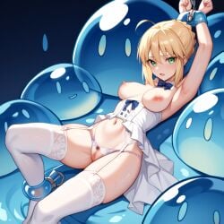 ai_generated artoria_pendragon benmccannon_(artist) blonde_hair bondage breasts_out fate_(series) green_eyes saber slime_(creature) slime_(substance)