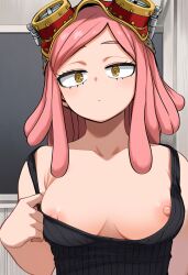 1girls ai_generated breasts breasts_out goggles_on_head hatsume_mei large_breasts looking_at_viewer mei_hatsume my_hero_academia nipples no_bra pink_hair showing_breasts solo strap_slip tank_top tank_top_down yellow_eyes