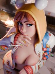 blue_eyes breasts breasts_out brown_hair female female_focus female_only looking_at_viewer nude nude_female onesie_(fortnite) pajamas