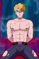 anime_style bishoujo_senshi_sailor_moon blonde_hair clothing etux jadeite male male_only muscles muscular muscular_male pale_skin pecs solo_male sweat sweating sweaty torn_clothes villain