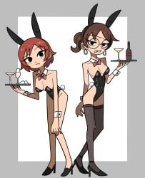 2girls bare_shoulders black_eyes bottle brown_hair brown_legwear bunny_ears bunny_tail bunnysuit drink earrings female female_only freckles glass glasses heels holding_object hoop_earrings julie_powers kim_pine legwear light-skinned_female light_skin n___k___m napkin ponytail red_hair scott_pilgrim short_hair stockings thighhighs tray