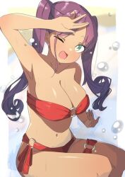 armpits belly belly_button big_breasts bikini breasts character_request dark-skinned_female dark_skin green_eyes navel purple_hair red_bikini thigh_strap uruti_2388 water wet