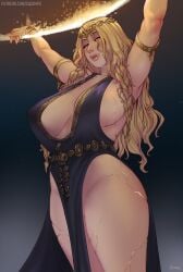 1girls arms_up big_breasts blonde_female blonde_hair blonde_hair busty crown divine djcomps elden_ring female female_only fromsoftware goddess gold_eyes golden_eyes golden_hair large_breasts light-skinned_female light_skin milf queen queen_marika_the_eternal revealing_clothes royal royalty