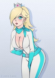 belt blonde_hair blue_eyes bodysuit breasts cleavage clovecake crown earrings female female_only gloves hair_over_one_eye human large_breasts long_hair mario_(series) mario_kart nintendo princess_rosalina scarf solo standing unzipped