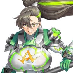 arm_guards battle_suit battlesuit bodysuit clover_ace_(last_origin) clover_print color eyebrows_visible_through_hair female female_focus female_only game_cg gloves green_gloves green_hair grey_bodysuit grey_hair hair_between_eyes hair_tubes huge_breasts last_origin long_ponytail looking_at_viewer multicolored_hair obui orange_eyes ponytail shoulder_armor smile smiling smiling_at_viewer teeth teeth_showing transparent_background upper_body weapon