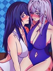 2girls acheron_(honkai:_star_rail) belly_button big_ass big_breasts bite_mark black_swan_(honkai:_star_rail) blush dark_blue_hair fanart gold_eyes honkai:_star_rail kiss_mark kittakittyna long_hair nipple_bulge purple_eyes purple_hair scratches sitting suggestive_look swimsuit thighs twitter_link