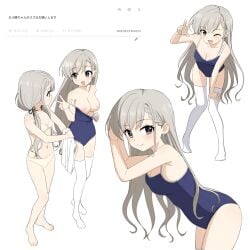 adjusting_hair armpits ass_visible_through_thighs bare_arms bare_belly bare_legs bare_shoulders bare_thighs barefoot belly_button belly_button_visible_through_clothing bent_over big_breasts blush bra breasts cleavage closed_mouth collarbone earrings feet grey_eyes grey_hair hand_on_thigh hisakawa_hayate hisakawa_nagi idolmaster idolmaster_cinderella_girls long_hair nipples one-piece_swimsuit one_eye_closed open_mouth panties school_swimsuit sincos sisters small_breasts smile swimsuit swimsuit_pull thighhighs thighs toes twins twintails underwear underwear_only undressing white_thighhighs yellow_bra yellow_panties zettai_ryouiki