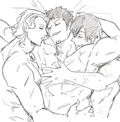 3boys azami_(kagurabachi) bara bed embrace gay happy_sex implied_penetration implied_sex kagurabachi katsutentacle kunishige_rokuhira muscular_male no_visible_genitalia old_man_yaoi saliva_string sandwiched sketch togo_shiba yaoi