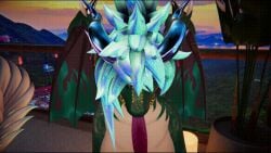 anthro blowjob blowjob_pov breasts dragon ear_piercing earrings female furry green_body green_hair green_scales horns pov pov_blowjob scalie scalie_female vrchat vrchat_avatar vrchat_model wings