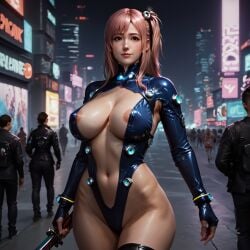 ai_generated cyberpunk_background dead_or_alive gantz_suit honoka_(doa) huge_breasts nipple_slip outdoors public rekcah_mhf samurai_sword street