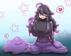 @_@ alternate_breast_size breasts creatures_(company) ditto ditto_copied_person dress female game_freak gen_1_pokemon hair_between_eyes hairband hex_maniac_(pokemon) huge_breasts kuro-bee long_dress long_hair messy_hair monster_girl monsterification nintendo pokemon pokemon_xy purple_eyes purple_hair purple_hairband slime_girl slimification star_(symbol) transformation transformed_ditto turtleneck