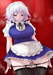 apron black_legwear black_panties blush breasts come_hither curvy female han_(jackpot) large_breasts licking_lips maid_apron maid_headdress panties pussy_juice sakuya_izayoi smile solo thighhighs tongue tongue_out touhou underwear white_hair wide_hips