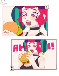 1girls big_breasts black_topwear boob_window brawl_stars breasts chester_(brawl_stars) eating eating_burger eating_food female female_focus female_only hat holding_burger izutsumihr light-skinned_female light_skin noboko_k open_mouth red_eyes red_hair rule_63 sfw solo solo_female solo_focus topwear wholesome