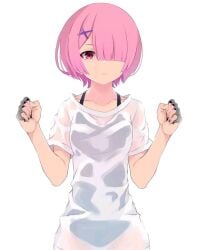 female pink_eyes pink_hair ram_(re:zero) re:zero_kara_hajimeru_isekai_seikatsu swimsuit t-shirt wet white_t-shirt