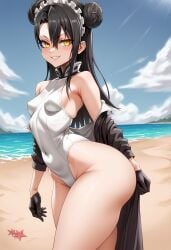 agent_(girls'_frontline) ai_generated alternate_breast_size asanagi_(style) bangs bare_shoulders beach black_gloves black_hair blue_sky breasts covered_navel cowboy_shot day double_bun female girls'_frontline gloves grin hair_between_eyes hair_bun half_gloves highleg highleg_leotard huge_ass jacket long_hair looking_at_viewer maid maid_headdress ocean off_shoulder one-piece_swimsuit outdoors sangvis_ferri self_upload sky small_breasts smile solo standing starfish swimsuit thick_thighs thighs water white_swimsuit yellow_eyes