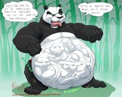 1boy 2015 action_pose bear belly_bulge big_belly chubby english_text furious_five green_eyes hungothenomster king_fu_panda kung_fu_panda looking_down male male_only mammal master_crane master_mantis master_monkey master_shifu master_tigress master_viper nude overweight panda po simple_background smile text tongue tongue_out vore