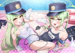 2girls :d absurdres alternate_costume bare_shoulders black_tail blue_archive blush breasts covered_navel demon_tail gloves green_eyes green_hair hair_between_eyes halo hand_up hat highres hikari_(blue_archive) long_hair looking_at_viewer multiple_girls naka1379 name_tag nozomi_(blue_archive) oerba_yun_fang old_school_swimsuit one-piece_swimsuit open_mouth peaked_cap pointy_ears pool poolside school_swimsuit siblings sisters sitting small_breasts smile swimsuit tail thighhighs tribadism tribadism_through_clothes twintails unworn_clothes very_long_hair white_gloves yellow_eyes yuri
