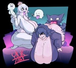 2girls 3boys ball_with_hyper_features big_ass boo_(mario) boob_window boosette bottomless cleavage_cutout clothed female ghost ghost_girl handjob hanging_breasts hex_maniac huge_ass huge_breasts huge_cock licking licking_ass licking_pussy mario_(series) nintendo nipples_visible_through_clothing no_bra no_underwear overflowing_breasts penis pokemon pokemon_(species) prosciutto_pal revealing_clothes skindentation teasing topwear viidcclxi viidcclxi_(ynk7761) ynk7761