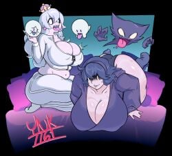 2girls 3boys big_ass big_breasts boo_(mario) boob_window boosette clothed female ghost ghost_girl hex_maniac huge_ass huge_breasts mario_(series) nintendo nipples_visible_through_clothing no_bra no_underwear pokemon pokemon_(species) prosciutto_pal revealing_clothes sideass teasing viidcclxi viidcclxi_(ynk7761) ynk7761