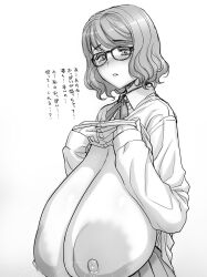 1girls big_boobs big_breasts big_tits boobs breasts breasts_bigger_than_head breasts_bigger_than_torso female glasses greyscale japanese_text magaki_ryouta milk monochrome nipples only_female original shiny short_hair sketch student text tits white_and_black white_background