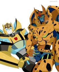 balls balls_touching blush bumblebee_(transformers) cheetah cheetor cybertronian duo frottage gay male male/male male_only milwommike penis robot robot_boy transformers transformers_cyberverse white_background