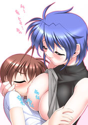 1boy antenna_hair areolae bare_shoulders blue_hair blush breast_sucking breasts brown_hair closed_eyes female grin highres large_breasts lying lyrical_nanoha mahou_senki_lyrical_nanoha_force no_bra sakura_ryuuken shirt_lift short_hair simple_background sleeveless standing subaru_nakajima thoma_avenir white_background