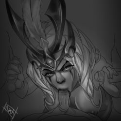 3boys andava breasts double_handjob facial_mark feathers fellatio female forehead_protector from_below gangbang group_sex handjob harrowing_series league_of_legends leblanc long_hair monochrome multiple_boys nipples nude oral pov ravenborn_leblanc solo_focus tales_from_the_rift_series unseen_male_face