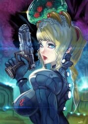 1girls alien bangs blonde_hair blue_eyes bodysuit facial_mark female gun hector_enrique_sevilla_lujan high_resolution long_hair looking_at_viewer metroid metroid_(creature) mole nintendo no_bra parasitic_possession ponytail samus_aran science_fiction_outfit solo tied_hair weapon zero_suit