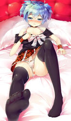 anus assassination_classroom blue_eyes blue_hair blush bulge canon_crossdressing crossdressing cum cum_in_ass erection feet femboy foreshortening highres lying male nipples on_back panties panties_aside penis penis_in_panties shiota_nagisa shuffle_(songdatiankong) skirt solo thighhighs uncensored underwear wristband