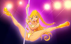 1girls 8:5 amber_eyes ass bare_shoulders bikini blonde_hair blonde_hair_female bra braid breasts busty cleavage eyeliner eyeshadow high_heels hourglass_figure legs lipstick long_blonde_hair long_hair long_legs looking_at_viewer makeup navel panties platform_heels pole pole_dancing questionable rainbow_(animation_studio) solo spread_legs stella_(winx_club) stripper stripper_pole teen teen_stripper thin_waist tied_hair twin_braids twintails voluptuous winx_club yellow_high_heels zfive