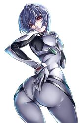 1girls ass blue_hair bodysuit breasts clothing dat_ass expressionless female from_behind from_below gainax hand_on_ass hand_on_own_chest highres hips human interface_headset looking_down medium_breasts narrow_waist neon_genesis_evangelion pale-skinned_female pale_skin pilot_suit plugsuit red_eyes rei_ayanami saburou_(hgmg) short_hair simple_background skin_tight skindentation slender_waist solo wide_hips