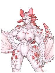 1girls 2015 anthro anthro_only basarios breasts capcom claws crystal dragon female female_only flying_wyvern gemstone humanoid_pussy iggi looking_at_viewer membranous_wings monster_hunter monster_hunter_4 muscles muscular_female nipples nude pink_body pink_nipples pink_scales plain_background pussy red_eyes rock ruby_basarios scalie smile solo video_games white_background wings wyvern