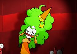 1girls artist_request battleblock_theater big_breasts breasts castle_crashers clown exposed_breasts female female_only green_hair nipples nude nudity orange_princess_(castle_crashers) partial_nudity solo tricky_the_clown