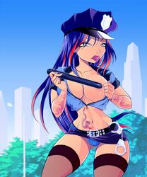 1girls areola baton belly belt bimbo blue_hair bracelets breasts busty cleavage costume eyeshadow handcuffs hat hourglass_figure human large_breasts lipstick long_hair makeup musa nightstick panties police police_cap policewoman quarterstaff rainbow_(animation_studio) skirt solo stockings tattoo tattoos thighhighs truncheon two_tone_hair uniform winx_club zfive